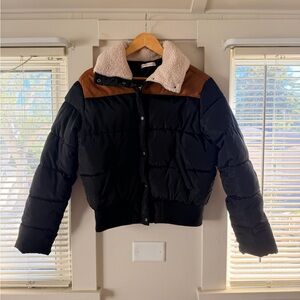Black and Brown Puffer Jacket with Shearling Collar